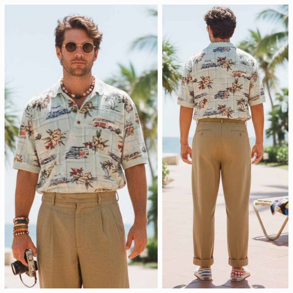 NWOT Windham Pointe M Vintage 90s Eclectic Grandpa Tropical Cars Hawaiian Polo